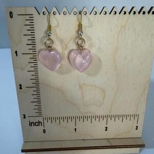 Pink Heart Dangle Earrings Gold Tone Hooks Romantic Jewelry - Hand Assembled